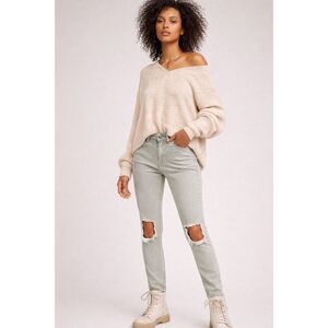 Free People Sage Gray Skinny Jeans Distressed Open Knee Stretch Denim Size 30